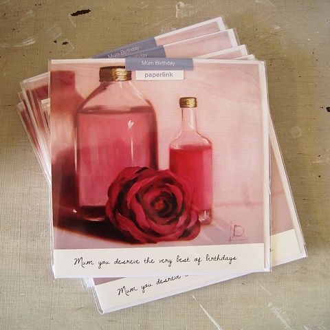 Perfume and a rose, an image commissioned and licensed by Paperlink for use on a Mum's birthday card, painted by Linda Boucher.