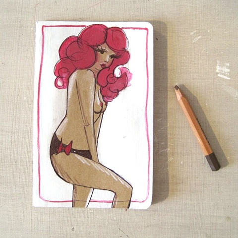moleskine notebook with original artwork cover. A perky pink haired pin up illustration by Brighton Linda Boucher.