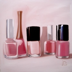 Nail polish bottles feature in this small original still life painting by Brighton artist Linda Boucher.