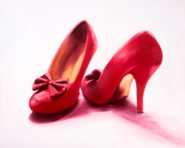 Gorgeous curvy stilleto heels painted on a large canvas in oils by Linda Boucher in her Brighton Seafront studio. 