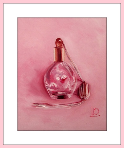 small original oil painting of crystal perfume bottle, with puffer. Painted by Brighton seafront artist linda Boucher in her beach front studio.