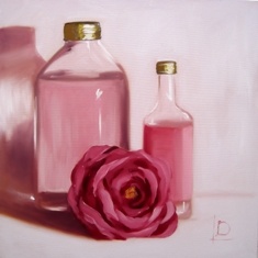 Pretty pink bottles and flower create a romantic painting by Brighton artist Linda Boucher. Created using high quality oils on a canvas board, this small painting would make a great addition to your collection.