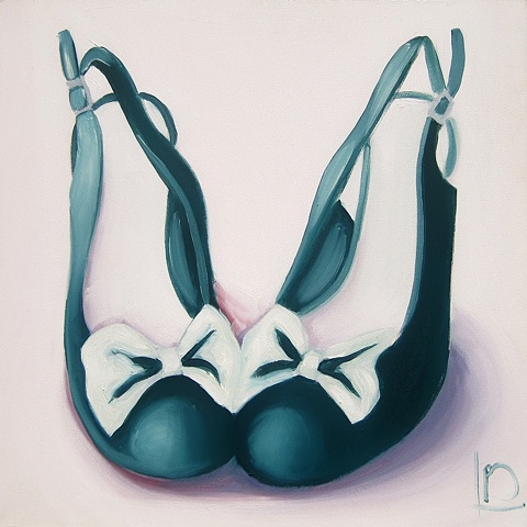 Cute teal blue shoes, with white bows. This oil on canvas painting is and original Linda Boucher.