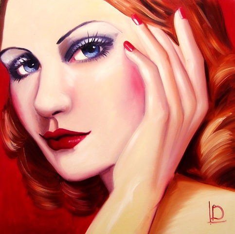 Original oil painting of a gorgeous forties style woman, by Linda Boucher from Brighton. Using strong reds and beautiful blue eyes, this painting has a vintage pinup feel to it.