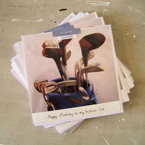 A greetings card for a father's birthday with golf clubs, commissioned and licensed by Paperlink, by Linda Boucher