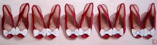 Horizontal canvas depicting an oil painting five pairs of cute red shoes, with little white bows. By Brighton artist Linda Boucher