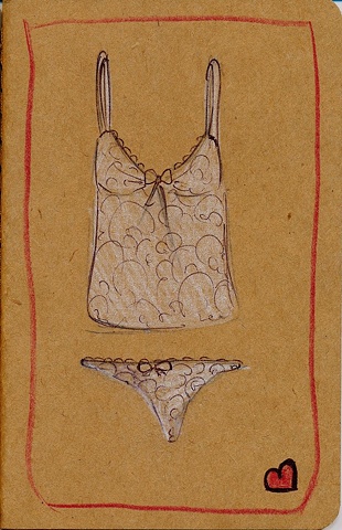 A teeny tiny thong, and matching camisole both in white lace adorn the cover of this hand illustrated Moleskine notebook by Linda Boucher for the Stocking Tops range.