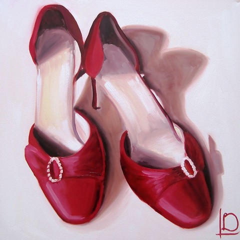 red wedding shoes painted in oil on canvas commissioned as a wedding anniversary gift from husband to wife, from Linda Boucher