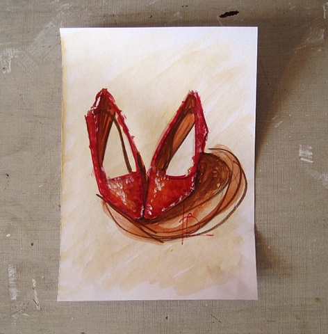 red sparkle heart shoe sketch in watercolour by Brighton artist Linda Boucher.