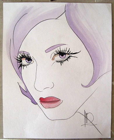Watercolour sketch of a gorgeous woman with very long eyelashes, by Brighton Artist Linda Boucher