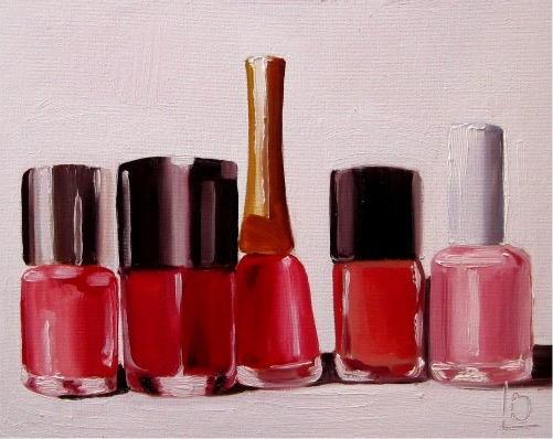 original oil painting of red nail polish bottles, by Brighton artist Linda Boucher. painted in her seafront studio, and perfect for a vamp's boudoir.