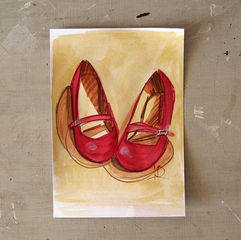 Red mary jane shoe sketch, using watercolour on paper. By Brighton artist Linda Boucher