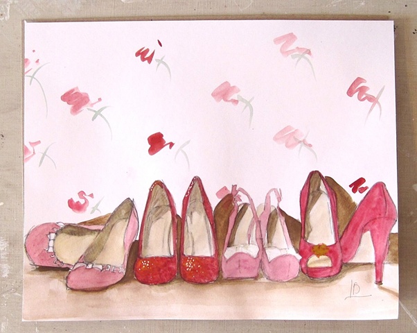 rose patterned wallpaper and warm red shoes on paper, painted using watercolours. By Brighton artist Linda Boucher