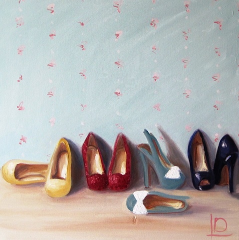 dolly mixture shoes painted on canvas in oils by Brighton artist Linda Boucher
