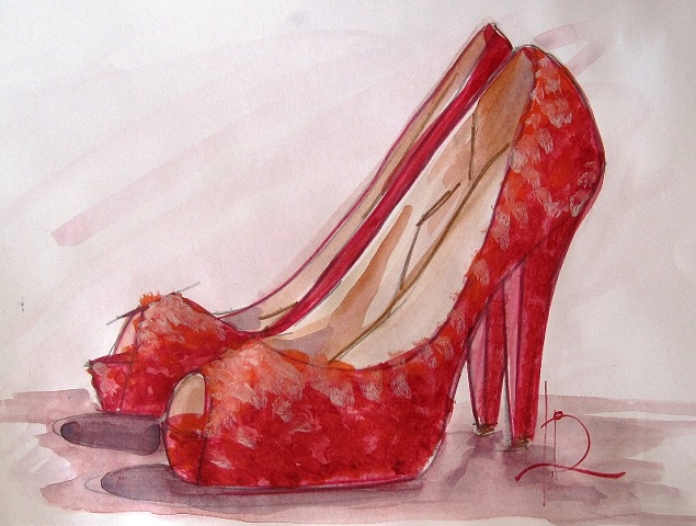 Red Sparkle Peeptoe Shoe sketch. Watercolour on paper by Linda Boucher, artist.