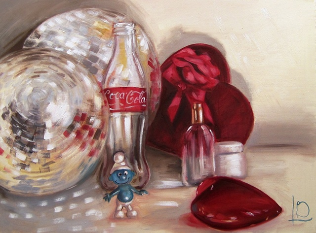 Original oil painting on canvas, by Brighton artist Linda Boucher. Coca cola bottle, hearts disco balls, and a small Smurf figure. Light reflects from the mirror balls, and through the glass bottles and objects.