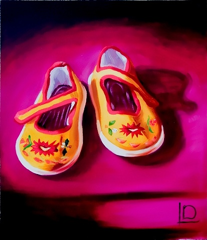 Beautifully embroidered Chinese slippers, painted in oils on canvas by Linda Boucher