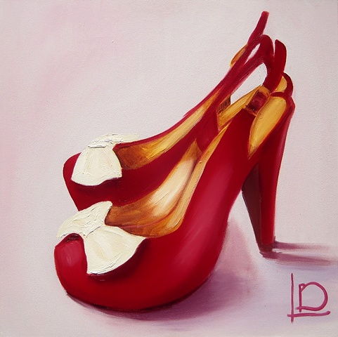 Yummy cerise slingbacks with white bows. This painting is an oil on canvas original.