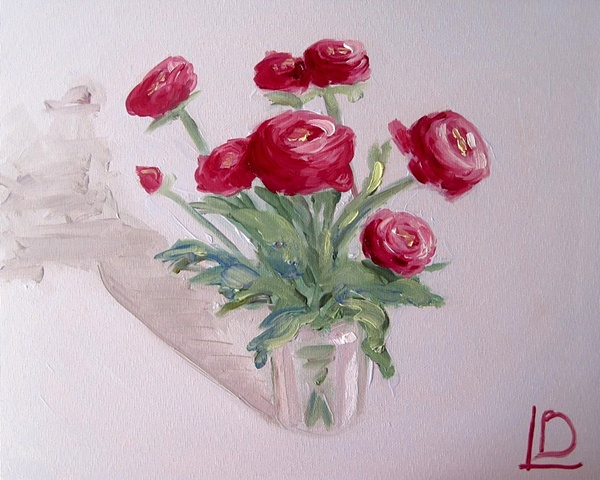 small original painting of spring ranunculus flowers by Brighton painter Linda Boucher working from her seafront studio