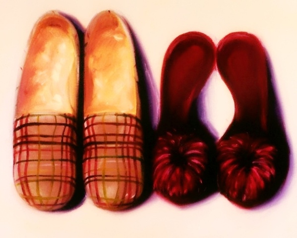 His and hers slippers, tartan sheepskin and fluffy marabou mules feature in this original oil painting by linda boucher.