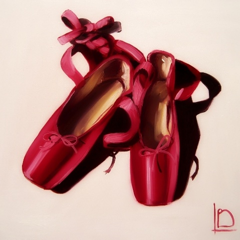 British artist Linda Boucher is best known for her original oil paintings of red shoes, such as these beautiful red satin ballet shoes.