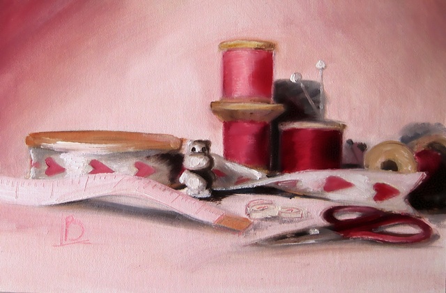 Oil painting of Hippo surrounded by sewing accessories and haberdashery, by Brighton artist Linda Boucher.
