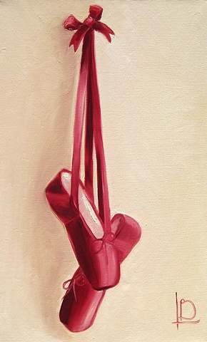 Brighton artist Linda Boucher presents an original oil painting of red satin pointe ballet shoes with ribbons and bow. 