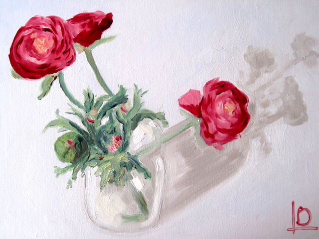 Pink and red flowers painted in oils on canvas board by Brighton artist Linda Boucher, painted in her brighton art studio in kings road arches right on the beach.