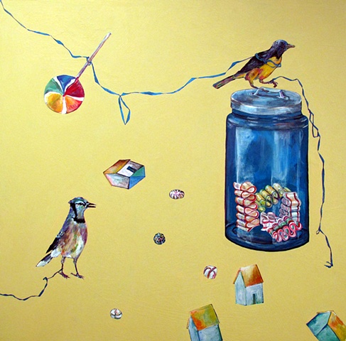 Two birds and candy jar