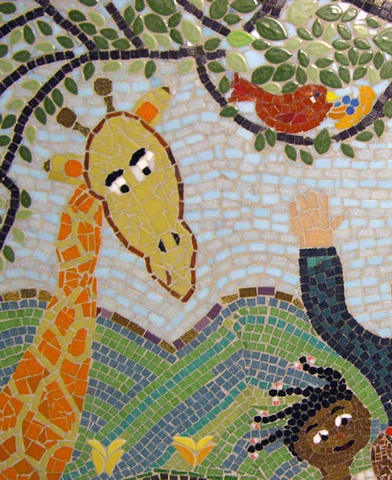 Giraffe, red bird, mosaic, anju jolly mosaics art mural