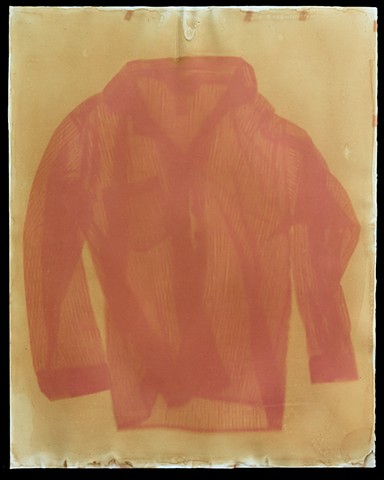 Six week anthotype exposure made with yellow onion skin and beet juice  emulsion and a a striped pajama top.