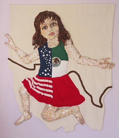 Child/figurative/immigration/SanFrancisco/Fiber/Buttons/quilting/wall hanging