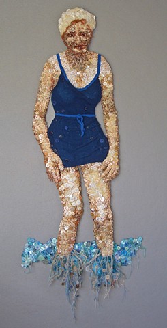 3-D mixed media wall artwork of female in bathing suit during the late 1940s.