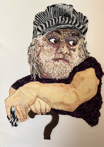 Older man resting on his cane with folded arms. His eyes are gazing sideways in confusion.