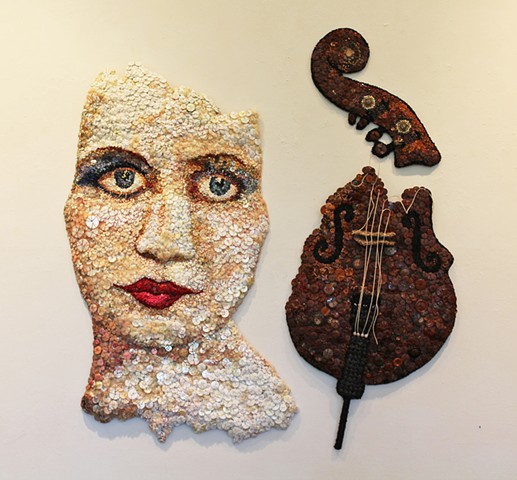 face/buttons/SanFrancisco/woman/bassist/ThelmaCombes/jazz/hand stitching/wall relief