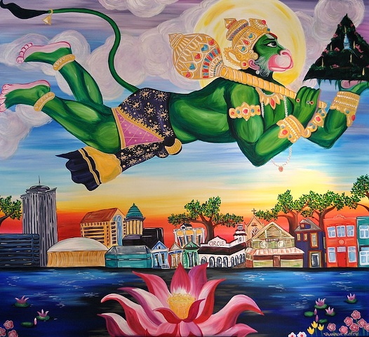 Hanuman Flying Over the New Orleans Skyline