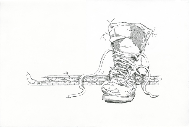 meghan nelson, art, pen and ink, whimsical, giant boot, brick wall, vines,