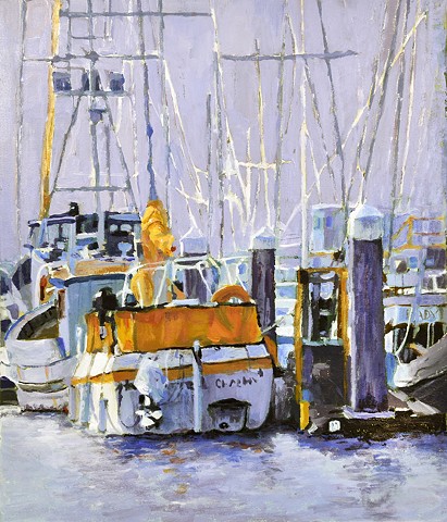 Acrylic painting of boats in harbor by Edie Fagan sailboats water marina