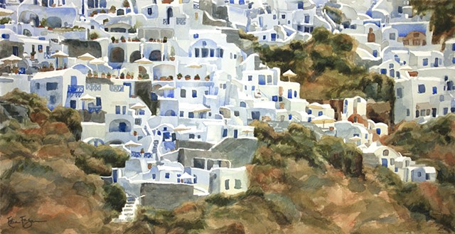 Watercolor painting of Santorini, Greece by Edie Fagan, Oia, Greek Isles, 