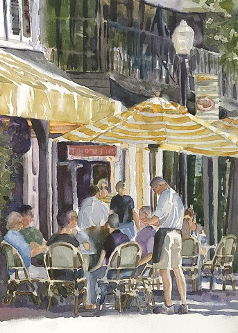 Watercolor painting by Edie Fagan of Briarpatch restaurant on Park Ave. Winter Park Florida