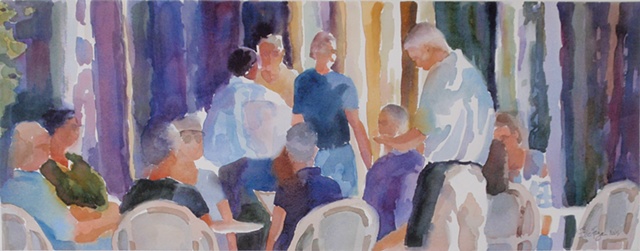 painting of Park Avenue, Winter Park, Florida, cafe, people, figures by Edie Fagan 