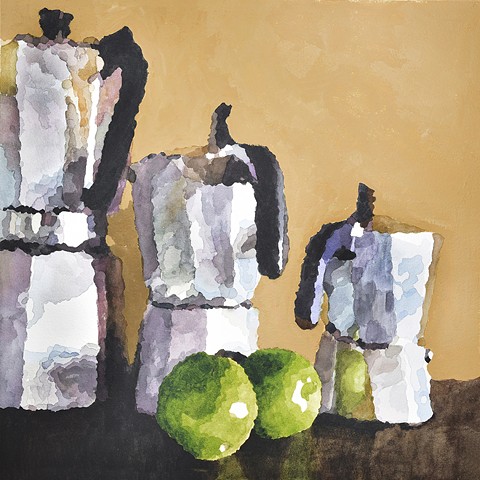 Mixed media painting of still life of espresso makers by Edie Fagan