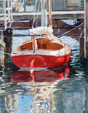painting of red sail boat dock by Edie Fagan 