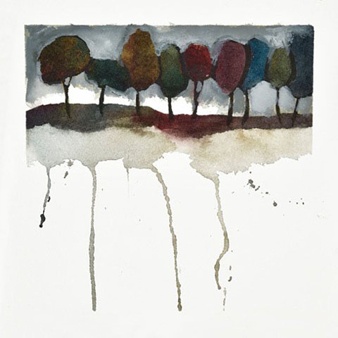 Abstract trees, mixed media painting, watercolor painting, Lake trees, by Edie Fagan