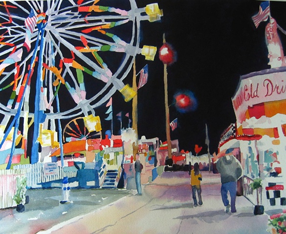 watercolor painting by Edie Fagan of Fair Ferris Wheel Central Florida Fair at night