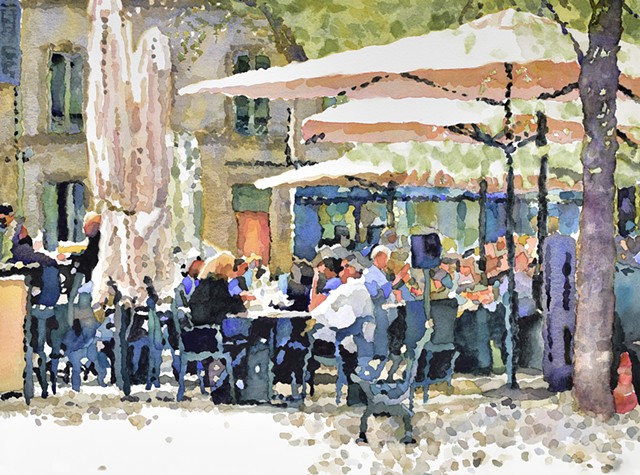 villieneuve-les-avignon, Avignon painting, french cafe, umbrellas, french street scene