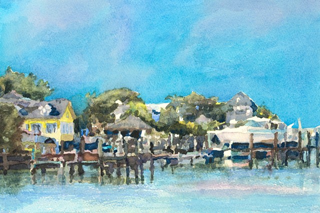 Harbour Island Dock, Bahamas, watercolor painting by Edie Fagan, ocean, turquoise,water, boats