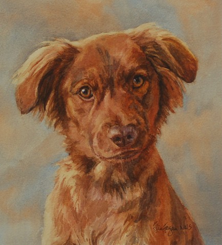 watercolor dog portrait of brown dog by Edie Fagan Adored Dogs mixed breed, mutt 
