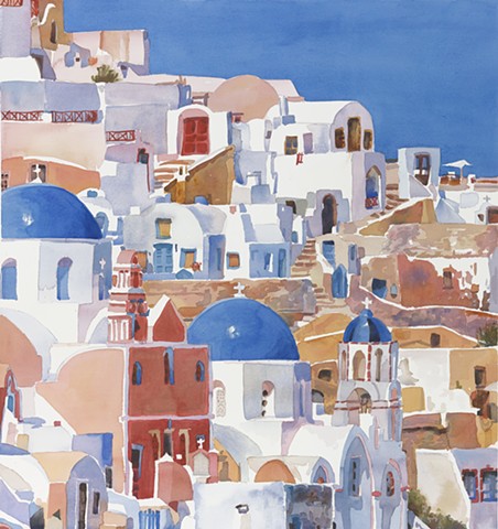 watercolor painting by Edie Fagan of Santorini Greece Greek