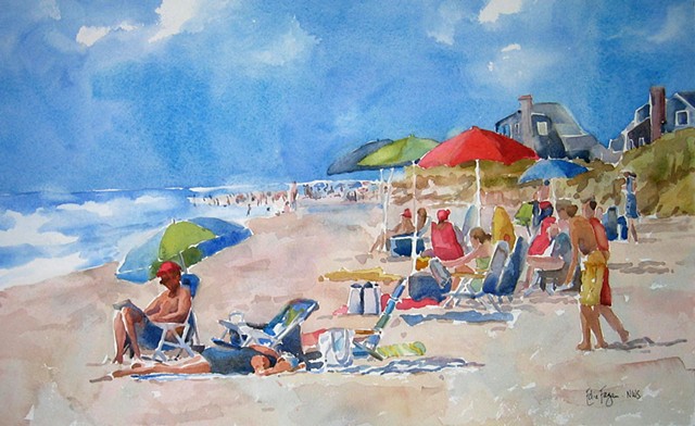 watercolor painting by Edie Fagan of beach umbrellas Nantucket Martha's Vineyard watercolor